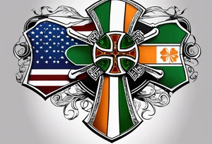 Celtics  cross with tattered anerican flag hanging over one and matching Irish flag on other tattoo idea