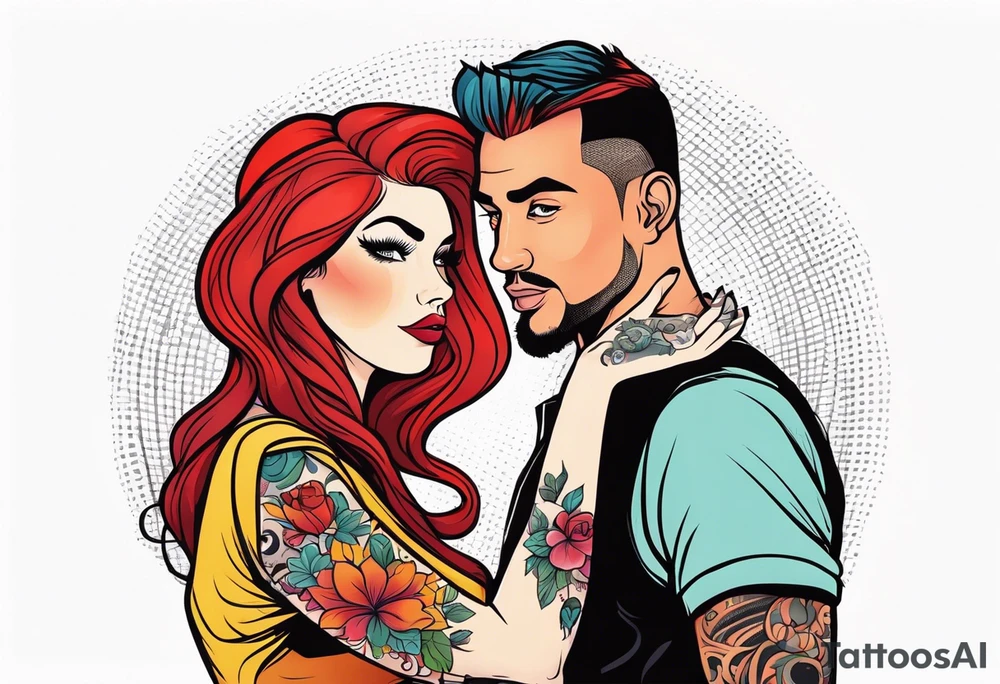 Red haired woman with black haired man tattoo idea