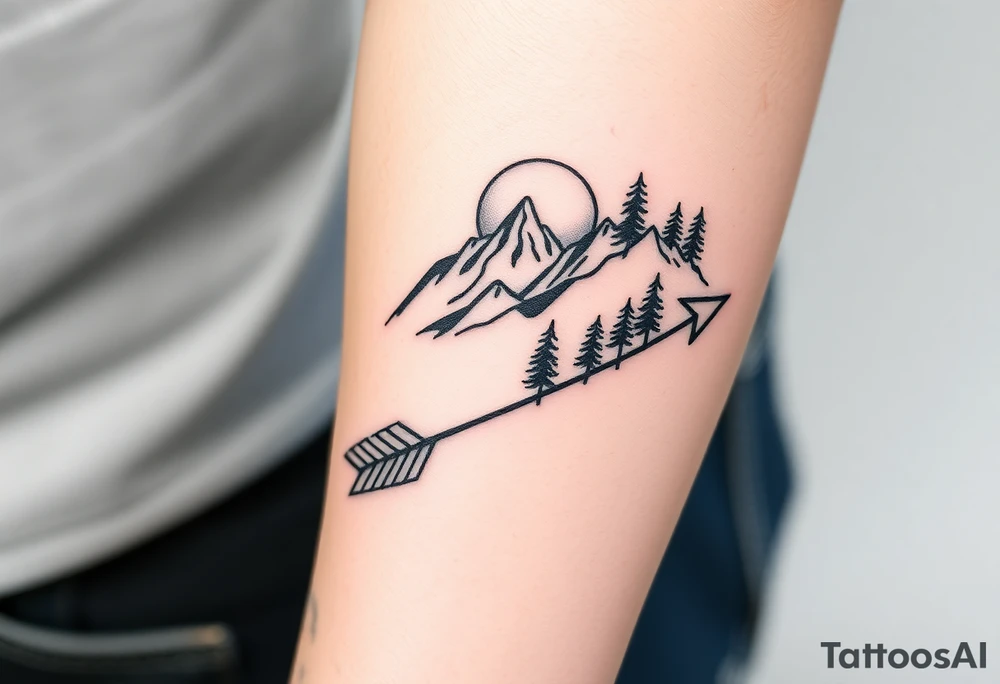 Mountains sun sea trees on an arrow like design that runs up the forearm from the wrist to the elbow tattoo idea