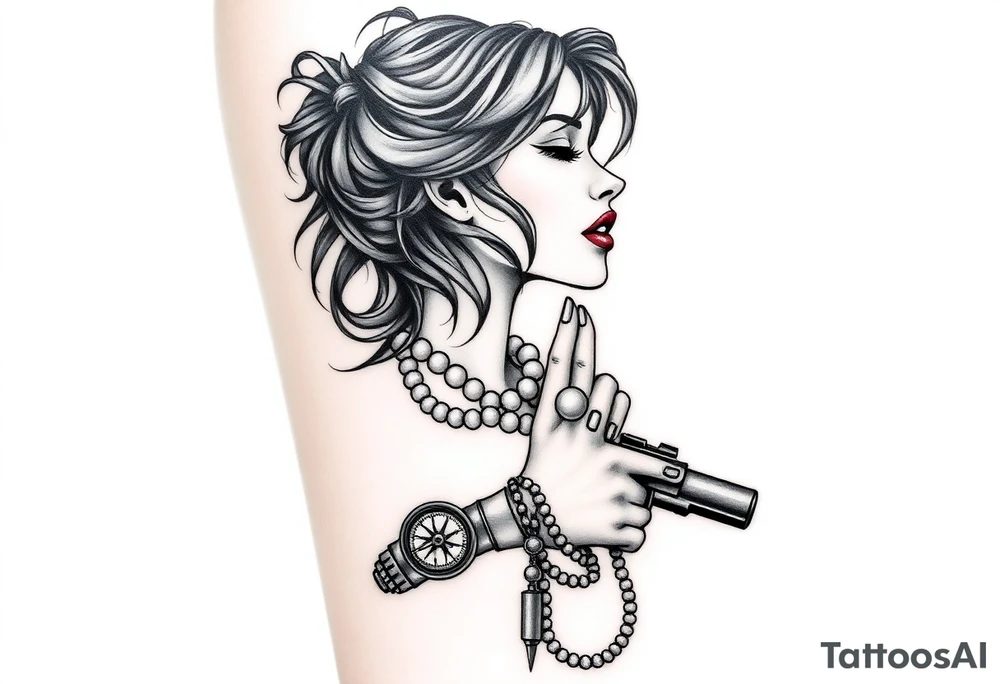 Profile of sexy woman with messy hair 
,resting chin on fist 
, mouth open  , lace, lipstick,  pearls 
compass and gun hand with rosary wrapped around hand tattoo idea