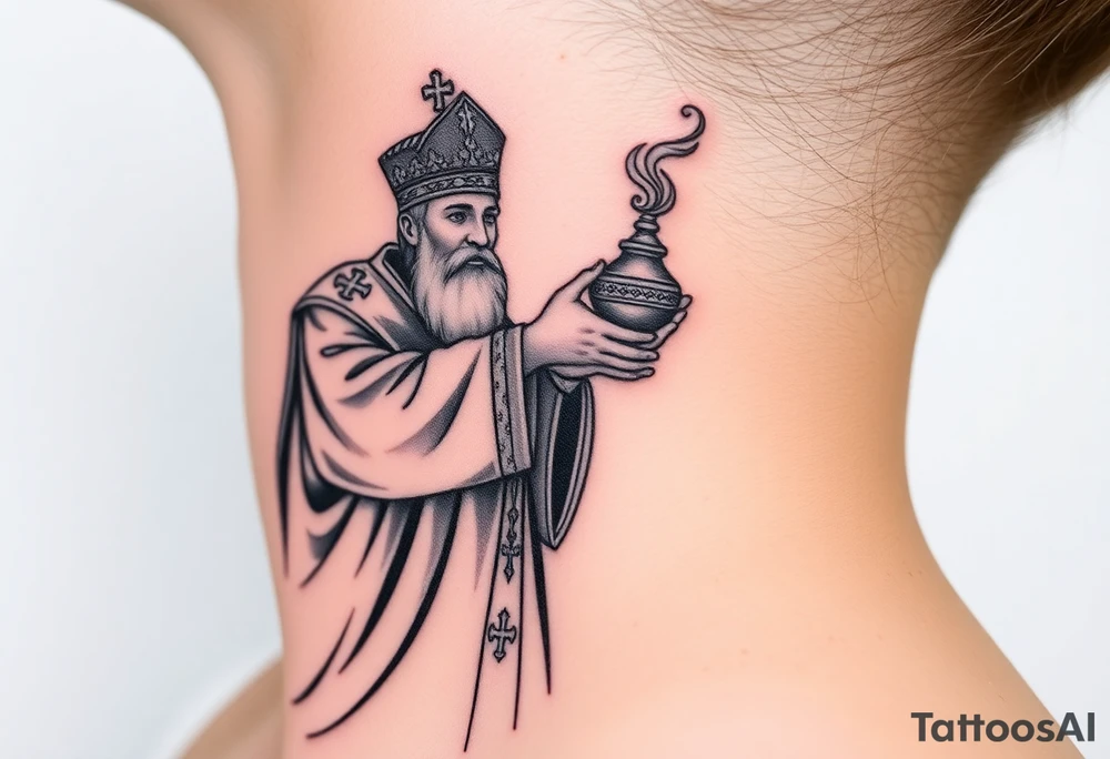 Russian Orthodox Priest in a fully detailed gold vestment swinging a censer with smoke curling upward tattoo idea