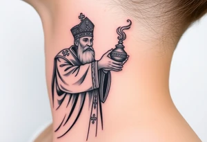 Russian Orthodox Priest in a fully detailed gold vestment swinging a censer with smoke curling upward tattoo idea
