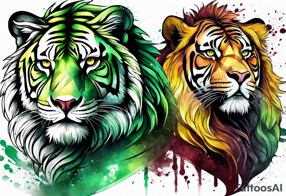 Lion and tiger with colors green, yellow, maroon and black tattoo idea