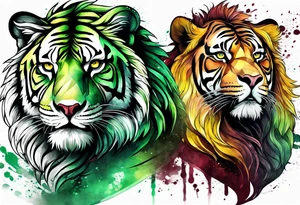 Lion and tiger with colors green, yellow, maroon and black tattoo idea