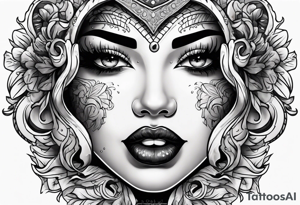 Latina, ahegao, mouth open, drooling, happy, Spade Symbol with letter Q in the center tattoo idea