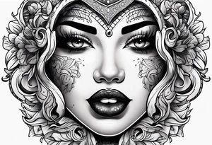 Latina, ahegao, mouth open, drooling, happy, Spade Symbol with letter Q in the center tattoo idea