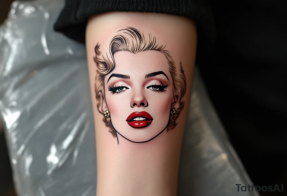 A minimalist outline of Marilyn’s face with golden hair accents and cherry red lips. tattoo idea