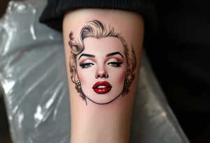 A minimalist outline of Marilyn’s face with golden hair accents and cherry red lips. tattoo idea