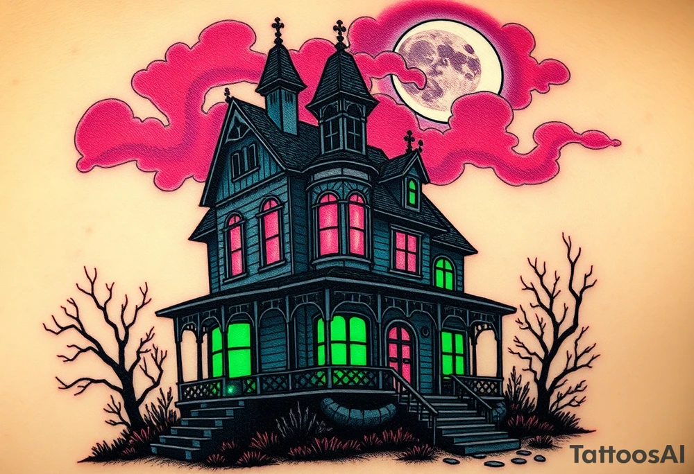 Tim Burton’s haunted victorian home is abandoned and dripping with muted reds, dusty pinks, and eerie green glow.purple and cyan smokey clouds swirl in the crescent moonlit sky thats sprinkled with stars tattoo idea tattoo idea