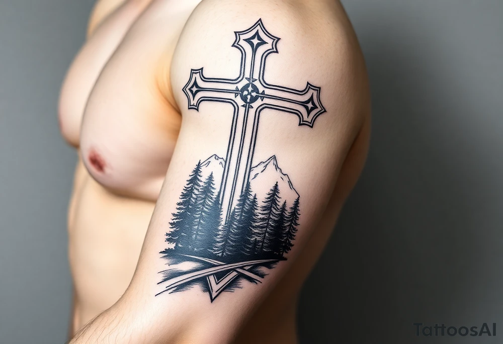 russian christian orthodox cross with the diagonal line at the bottom with a light forrest with a light mountainous setting tattoo idea