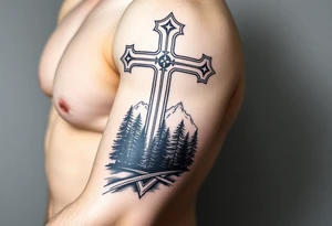 russian christian orthodox cross with the diagonal line at the bottom with a light forrest with a light mountainous setting tattoo idea