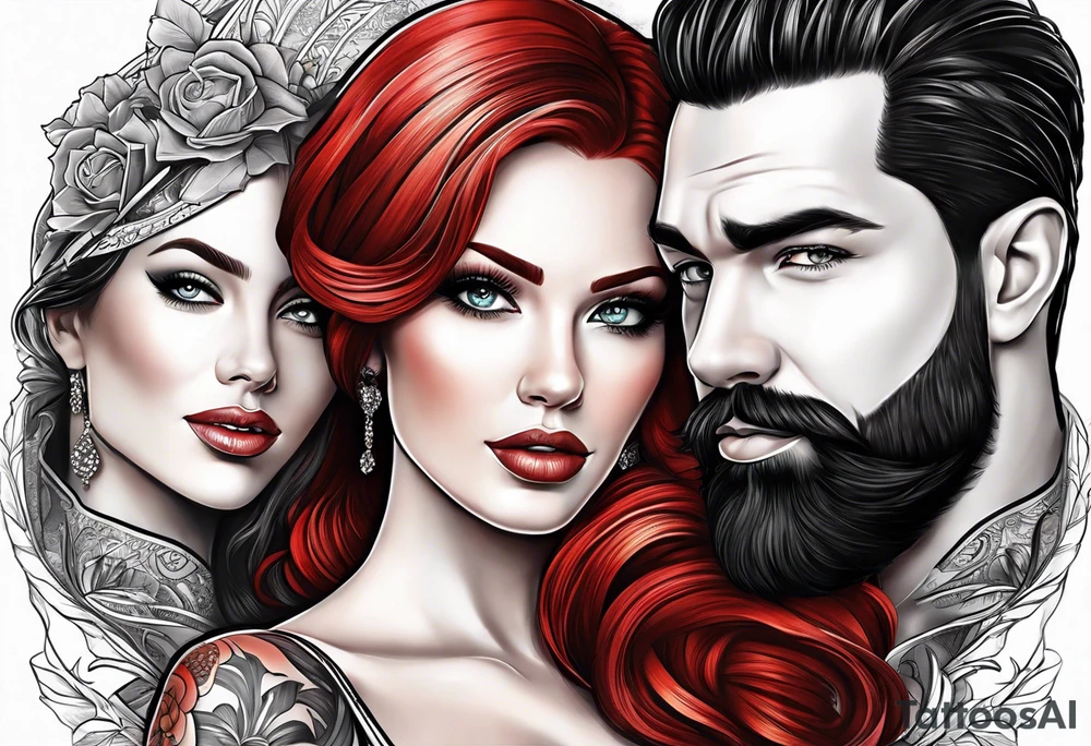 Busty red haired woman with a bearded man who has black hair tattoo idea
