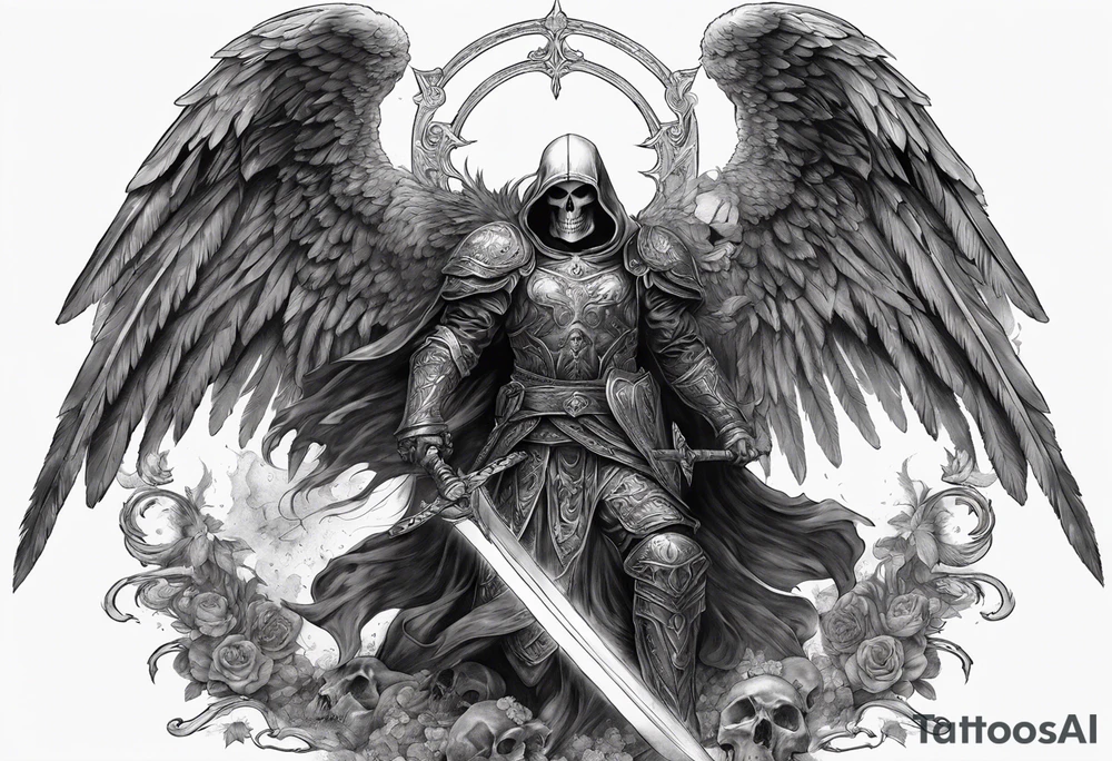 realistic angel of death, full body, no face visible, holding one sword in both hands, sword pointing downwards, skulls lying on the ground tattoo idea