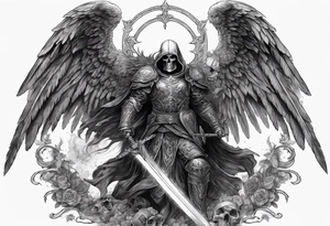 realistic angel of death, full body, no face visible, holding one sword in both hands, sword pointing downwards, skulls lying on the ground tattoo idea