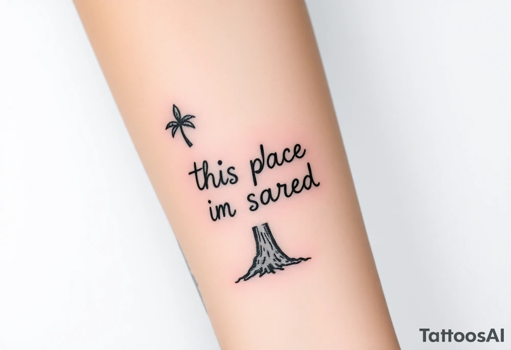 Hand written writing that says this place is sacred on the trunk of a small breadfruit tree tattoo idea