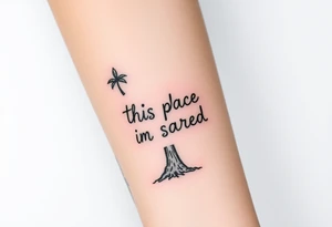 Hand written writing that says this place is sacred on the trunk of a small breadfruit tree tattoo idea