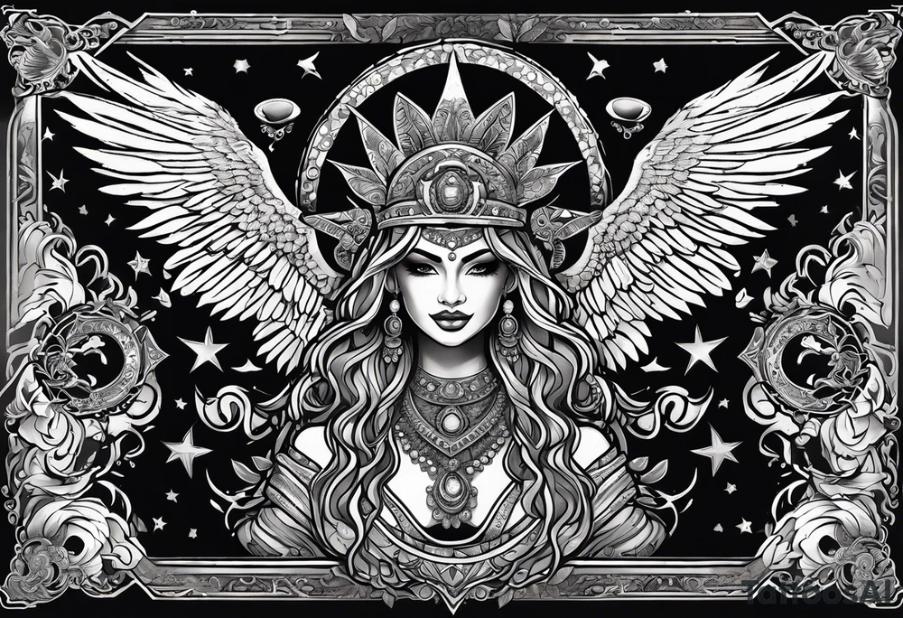 black kali, goddess pirate, alien, angel, pachamama, valkrye, warrior, flying, skull, lotus azul, wing, eagle, zenza resonance, stars, 5D, anahata chakra, death, durga, riding on a tiger, flying lady, chest tatoo tattoo idea