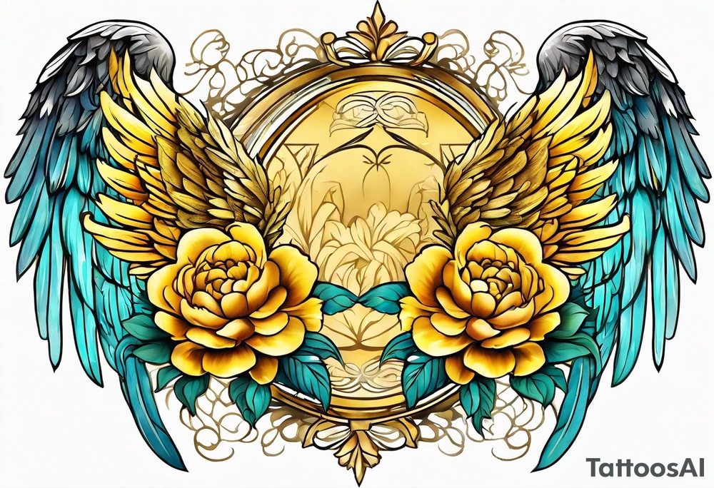 beautiful golden yellow angel wings with colorful peonies. beautiful flilligree in the background , full color tattoo idea
