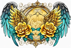beautiful golden yellow angel wings with colorful peonies. beautiful flilligree in the background , full color tattoo idea
