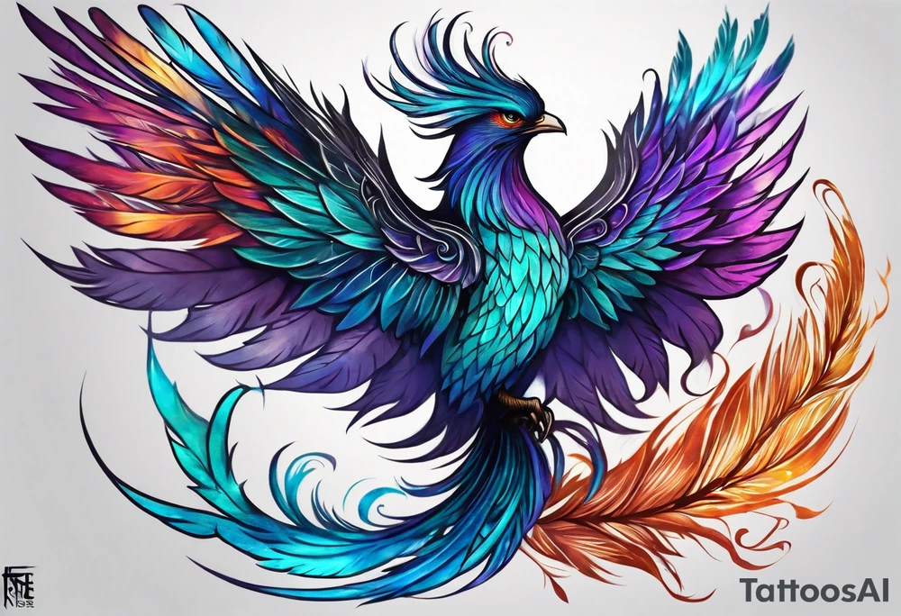 Phoenix on hip down into thigh with feathers that have teal purple and blue from the Ashes I rise long tail featgers tattoo idea