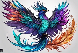 Phoenix on hip down into thigh with feathers that have teal purple and blue from the Ashes I rise long tail featgers tattoo idea