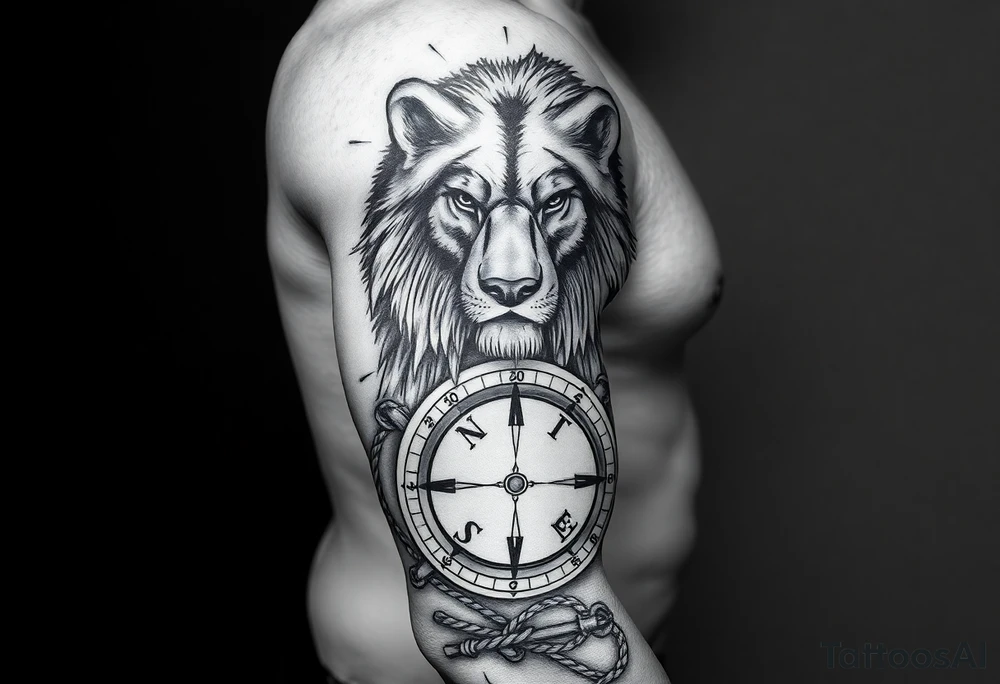 portions wolf, bear, lion, surrounded by a broken old school compass with a rope and anchor on the bottom tattoo idea