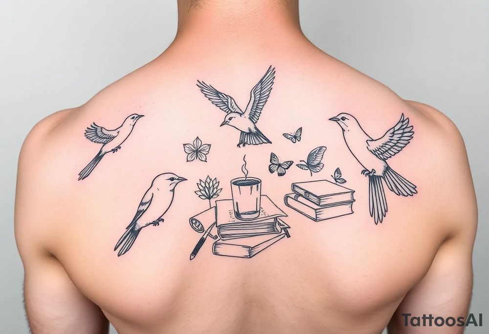 Minimalist fine line collage tattoo incorporating birds, nature, books, science tattoo idea