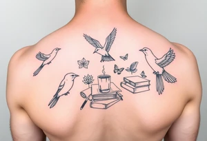Minimalist fine line collage tattoo incorporating birds, nature, books, science tattoo idea