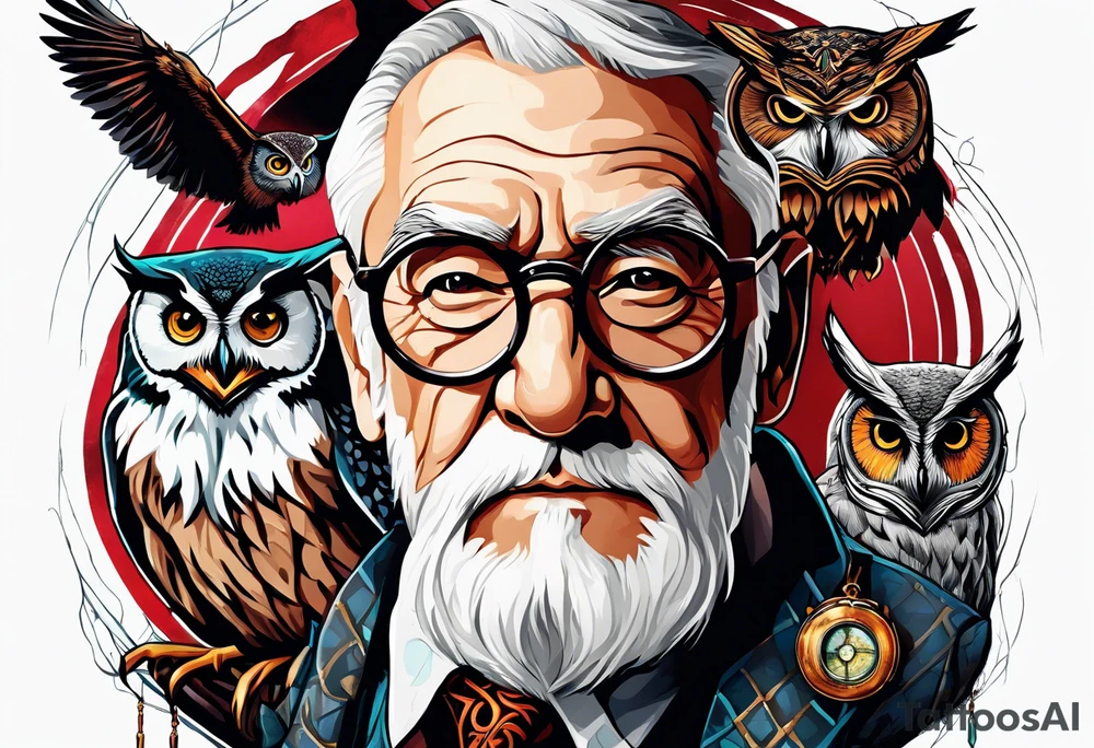 Elder want surrounded by Harry Potters glasses, an owl, the scar, a time-turner tattoo idea
