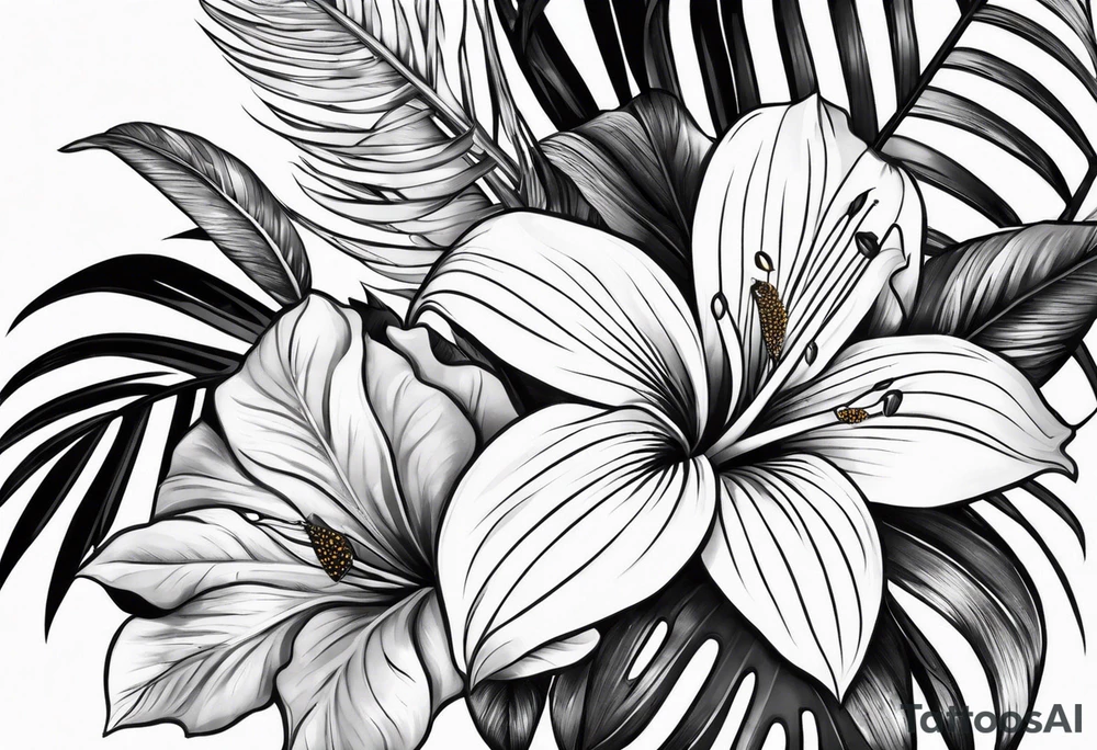 Tropical flower leaves tattoo idea