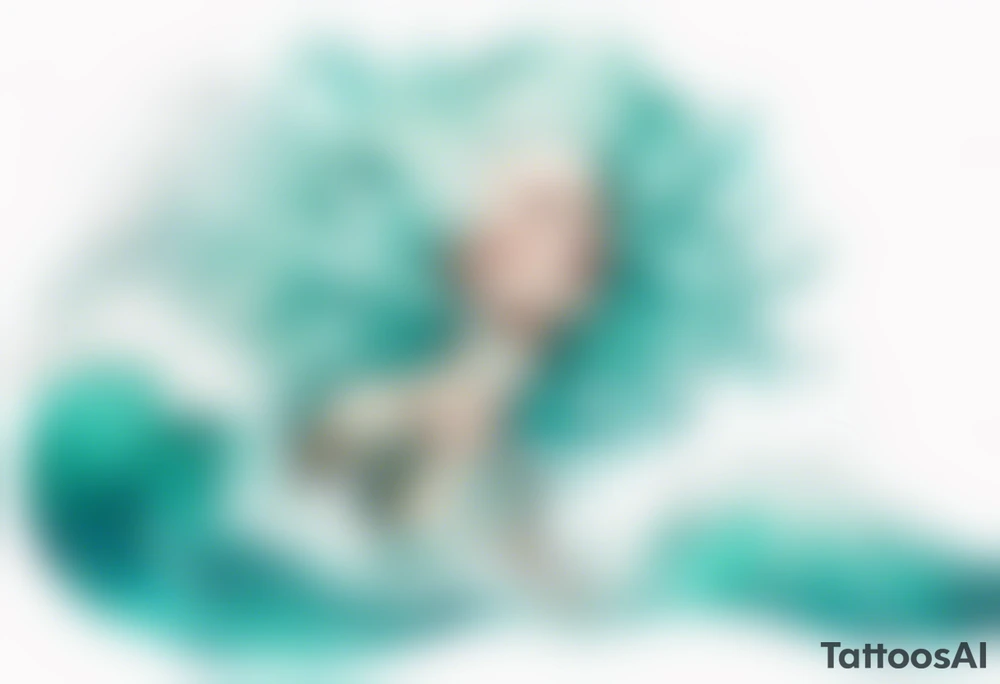 a tall albino woman made of water with turquoise hair sitting upon a wave tattoo idea