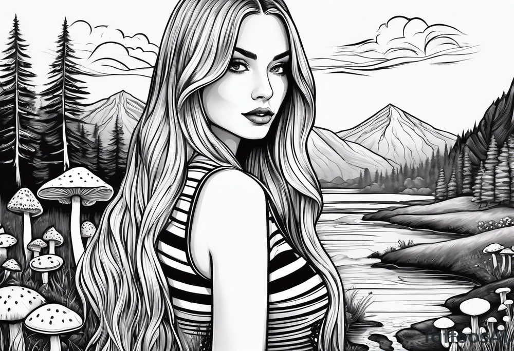 Straight long blonde hair girl in distance holding mushrooms in hand facing away toward mountains and creek surrounded by mushrooms black and white striped dress tattoo idea