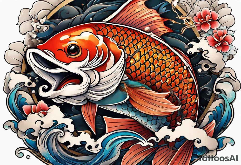 Japanese with karp koi in fond, demon and samouraï first plan with nuage 
Put à samouraï in fiesta plan tattoo idea