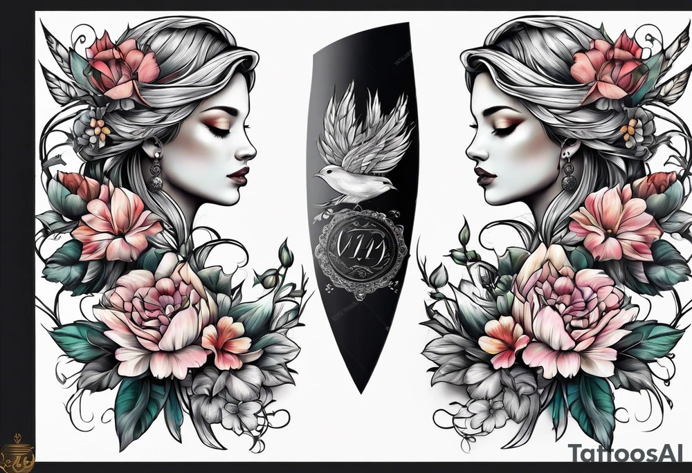 Sleeve with blind Themis and flowers tattoo idea