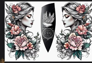 Sleeve with blind Themis and flowers tattoo idea