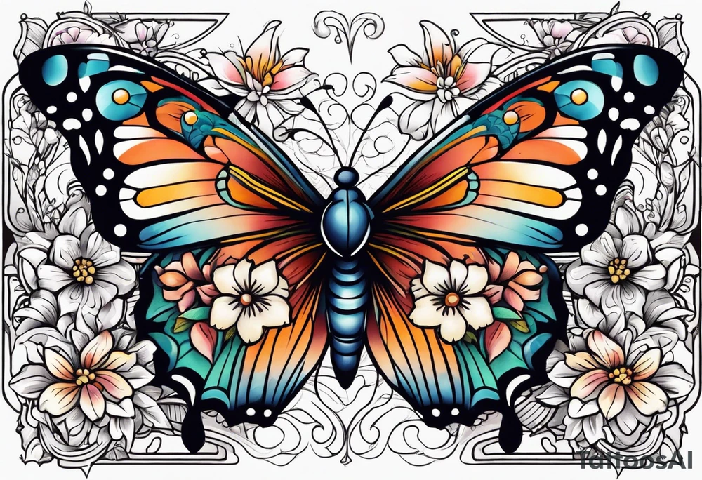 butterfly 
with flowers around it vintage old school traditional tattoo idea