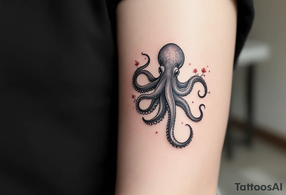 A small realistic black and grey tattoo of an octopus, cute, with detailed shading and soft linework, showing the octopus with swirling tentacles, on light skin. ornamental flowers around with red ink. The style is minimalistic and elegant, resembling fine-line tattoo with a shadow tattoo idea