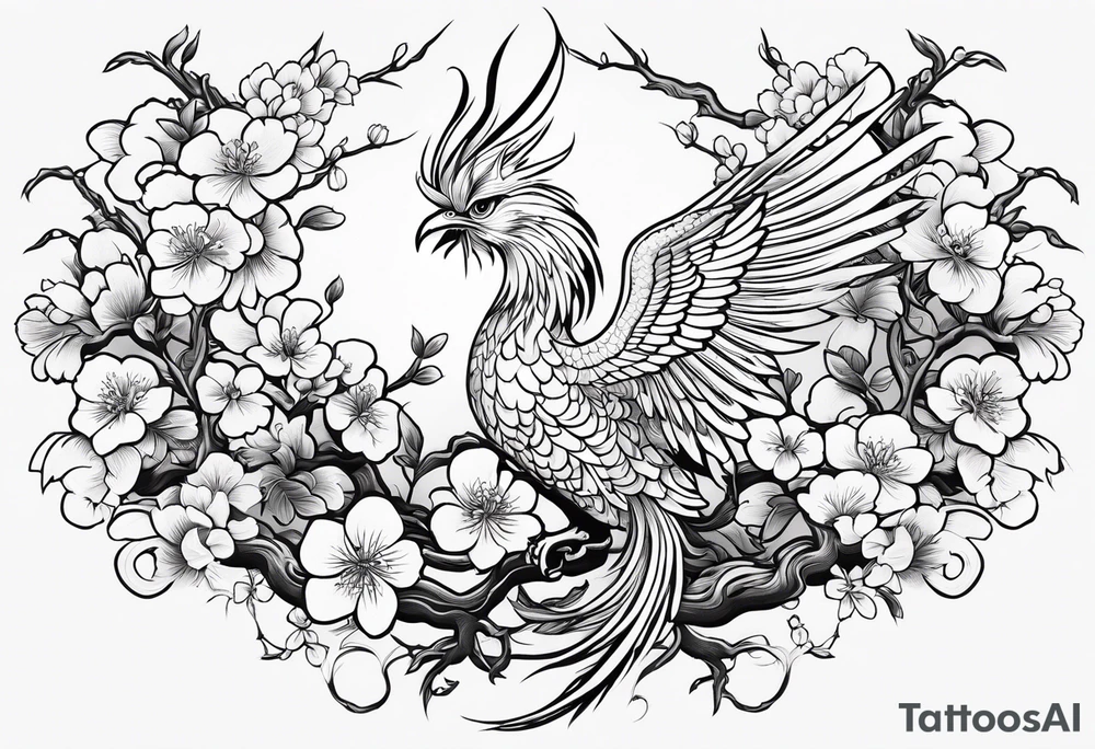 traditional Japanese phoenix and cherry blossoms blank background tattoo idea