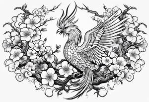 traditional Japanese phoenix and cherry blossoms blank background tattoo idea