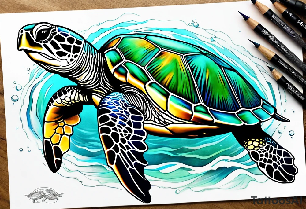 green sea turtle swimming tattoo idea