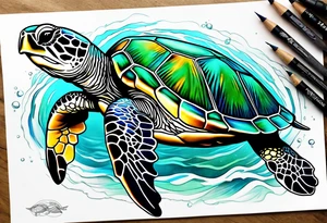 green sea turtle swimming tattoo idea