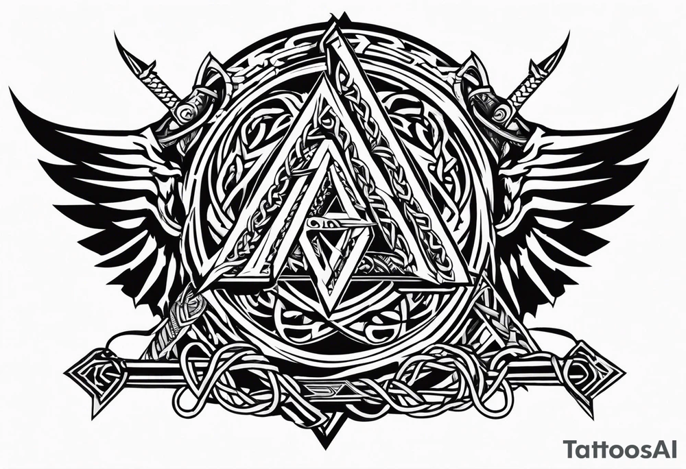 Valhalla sword shield dragon axe Valknut barbed wire chains tribal tattoo idea Valhalla sword shield dragon axe Valknut barbed wire chains tribal tattoo idea