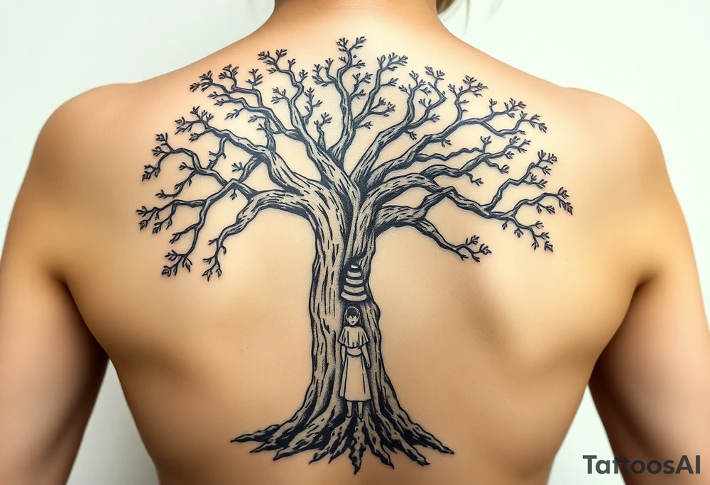 A strong and tall oak tree, with deep roots, with scratches and tears on the trunk. On a long branch, half way up the tree, sits a little girl and Jesus gazing into the distance. tattoo idea