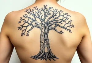 A strong and tall oak tree, with deep roots, with scratches and tears on the trunk. On a long branch, half way up the tree, sits a little girl and Jesus gazing into the distance. tattoo idea