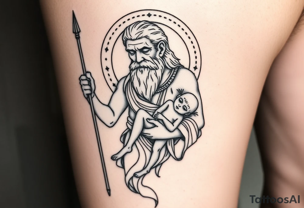 a tattoo design of the Greek God Saturn but older and nearly dying holding his spear, in his other arms cradling a twin dying younger version of himself. The gemini constellation is in the background behind the Saturn Gods. Long vertical form as this will be on a thigh - include the planet Saturn rings going round the design tattoo idea