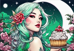 fairy with green hair, eating cake under the moon, tripping balls tattoo idea