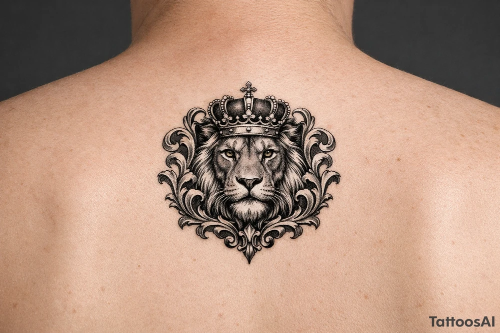 powerful majestic lion with a crown, framed by ornate floral scrollwork tattoo idea