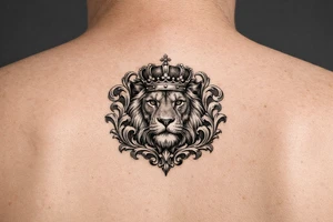 powerful majestic lion with a crown, framed by ornate floral scrollwork tattoo idea