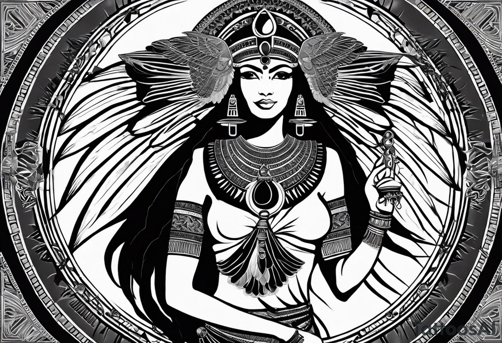black and white Egyptian goddess Isis, who is often depicted as a woman with outstretched wings, holding an ankh (a symbol of life) in one hand and a lotus flower in the other. Her headdress often includes a throne or a solar disk. The tattoo design can vary in style and size, but it typically aims to capture the essence of this revered Egyptian deity, emphasizing her beauty, power, and maternal qualities. The choice of colors and additional elements can also be customized to create a unique and visually striking representation of the goddess Isis tattoo idea