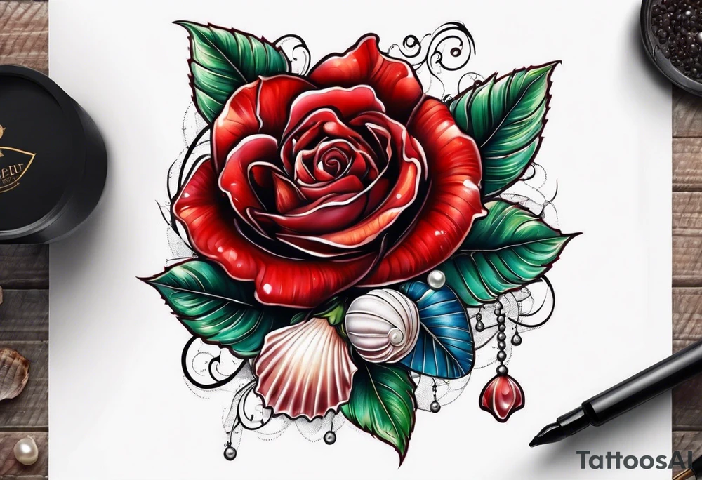 Red rose with seashell and pearls tattoo idea